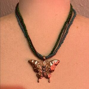 Butterfly Pendant Necklace with Green and Blue Beads